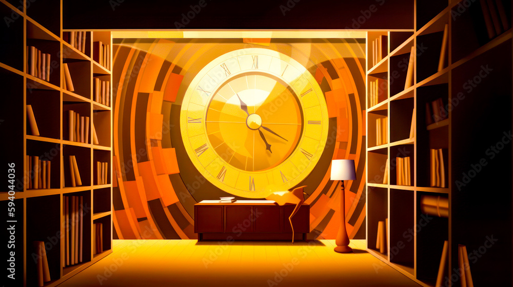 Aufkleber room with large clock on the wall and bookshelf. generative ai.