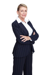 Portrait, senior and business woman with arms crossed isolated on a transparent png background....