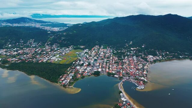 Aerial view of the town of Lagoa da Conceicao on the island of Santa Catarina in Brazil