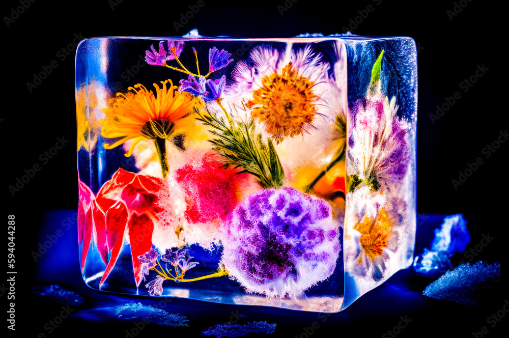 Poster glass block with bunch of flowers in it on black background. generative ai.