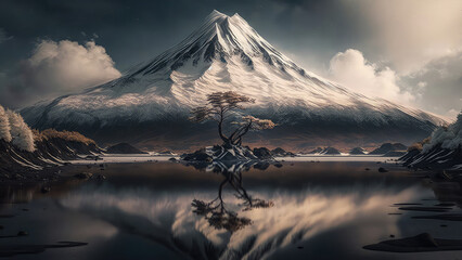 illustration painting of reflection of mt.Fuji. digital painting. (ai generated) - obrazy, fototapety, plakaty