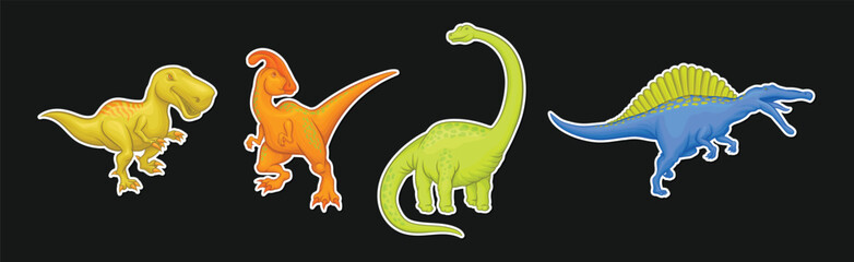 Colorful Dinosaurs Sticker Collection Isolated on Black Background Vector Set