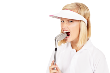 Sports, angry and woman biting a golf club portrait for stress isolated on a transparent, png background. Fitness, frustrated and female golfer or player with anger about competition fail or loss