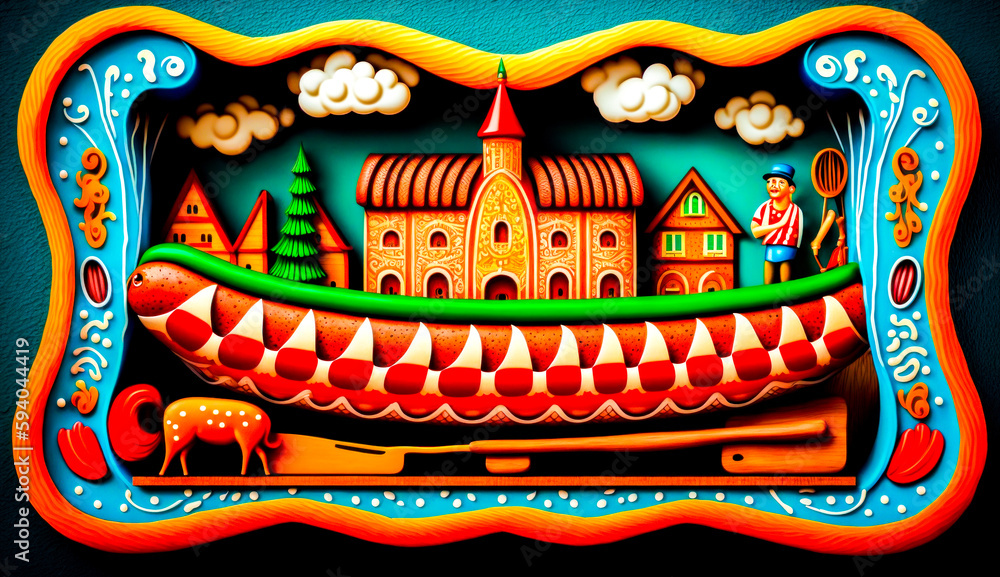 Poster painting of boat with man on it and building in the background. generative ai.