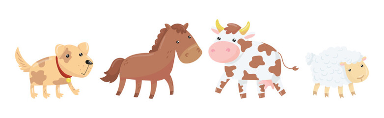 Farm Animal with Horse, Cow, Sheep and Dog Vector Set