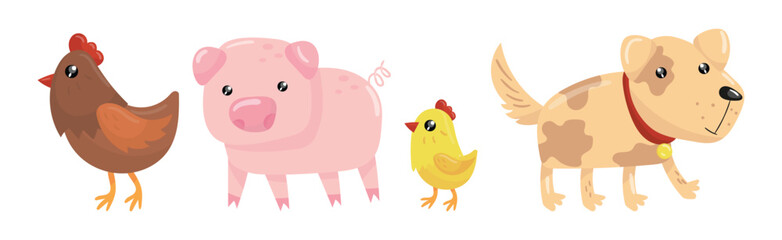 Farm Animal with Hen, Pig, Chick and Dog Vector Set