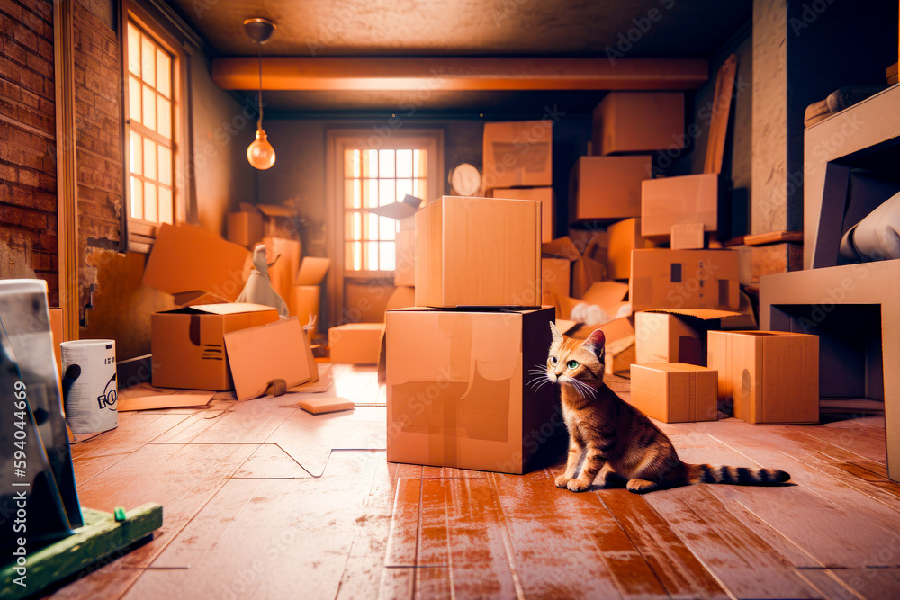 Poster cat sitting on the floor in front of pile of cardboard boxes. generative ai.