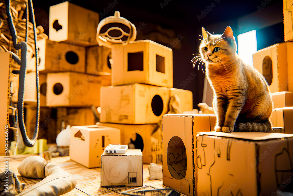 Poster cat sitting on top of cardboard box next to box of boxes. generative ai.