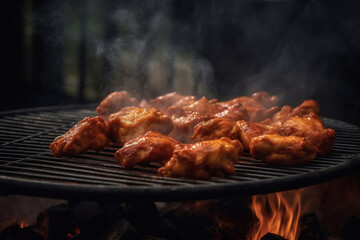 Chicken pieces, chicken wings on a grill grate, fire and smoke. Cooking buffalo wings. Generative AI.