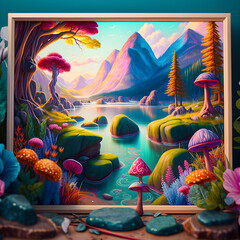 Concept of a colorful landscape with mushrooms