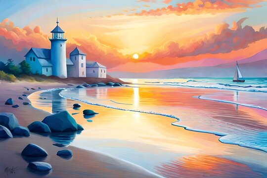 Leuchtturm am Meer als Gemälde