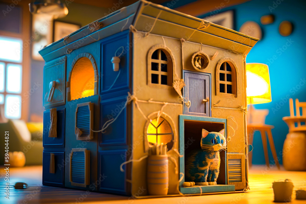 Poster toy house with cat inside of it and lamp in the background. generative ai.