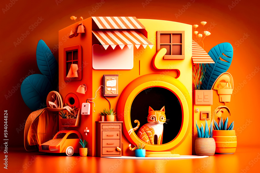 Poster house with cat inside of it and cat inside of it. generative ai.