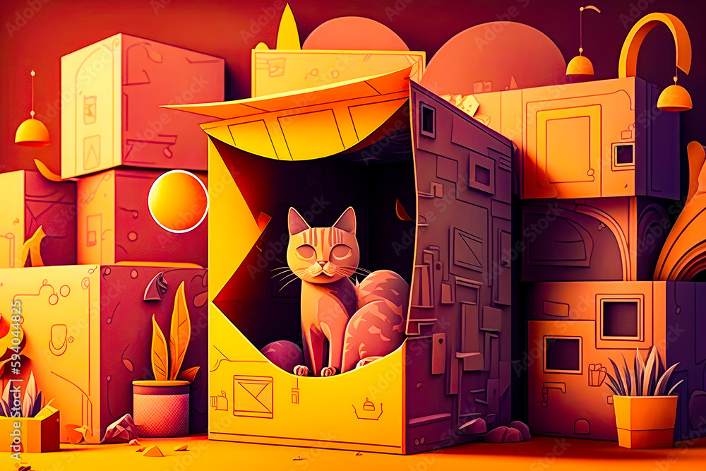 Poster cat sitting inside of cardboard box in room filled with boxes. generative ai.