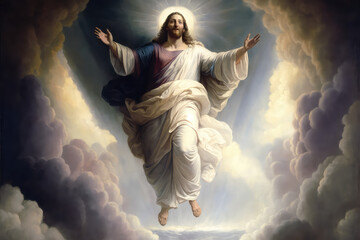 illustration painting of The resurrected Jesus Christ ascending to heaven above the bright light sky and clouds and God, Heaven and Second Coming concept (ai generated) - obrazy, fototapety, plakaty