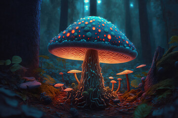 Mushroom. Fantasy Glowing Mushrooms in mystery dark forest close-up. Beautiful macro shot of magic mushroom, fungus. Border art design. Magic light. (ai generated)