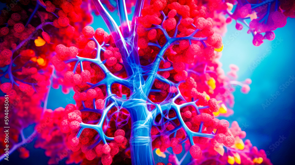 Poster close up of tree with many red and blue balls on it. generative ai.