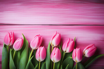 Obraz na płótnie Canvas Beautiful frame composition of Tulips flowers. Bouquet of pink tulips flowers on pink vintage wooden background