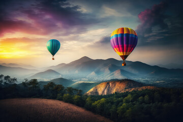 Colorful hot air balloons flying over mountain at sunset. (ai generated)
