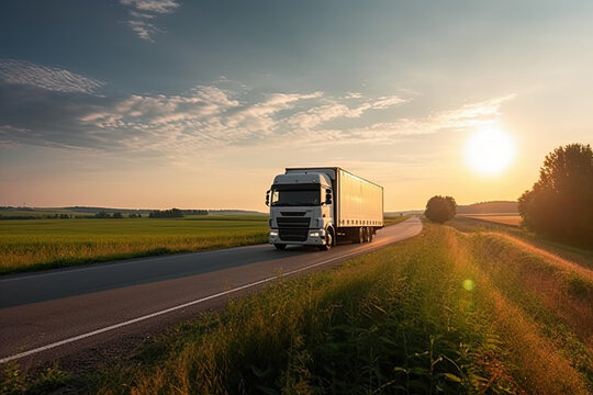 Loaded European truck on motorway in sunset, AI Generative