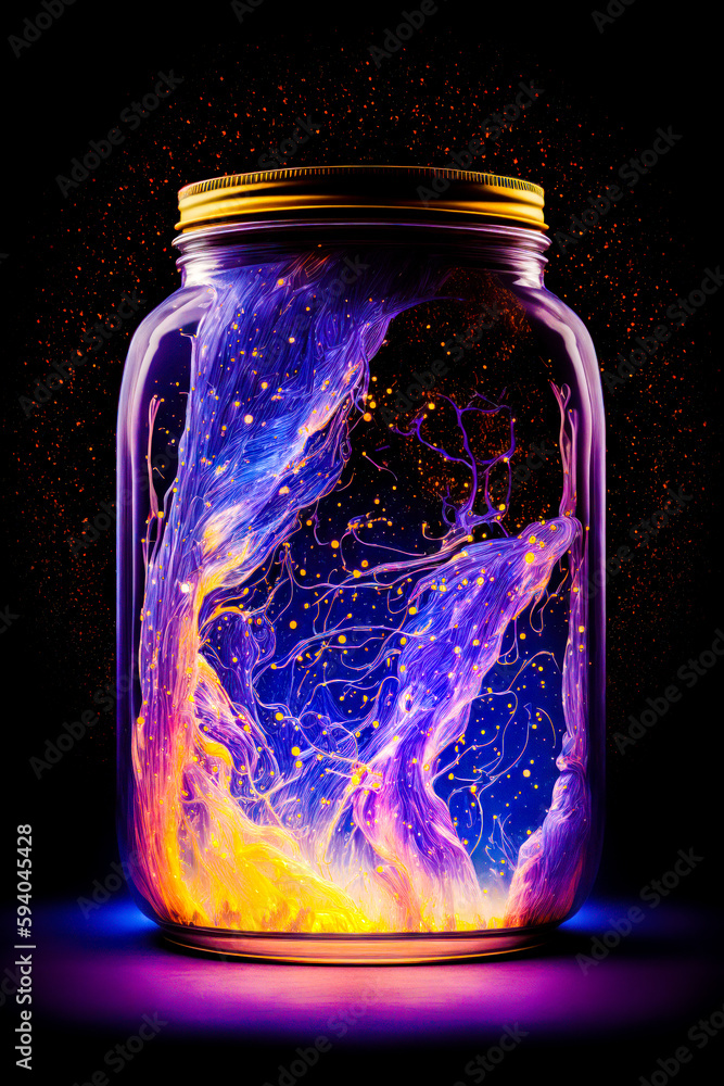 Poster jar with painting on it that looks like tree in the sky. generative ai.
