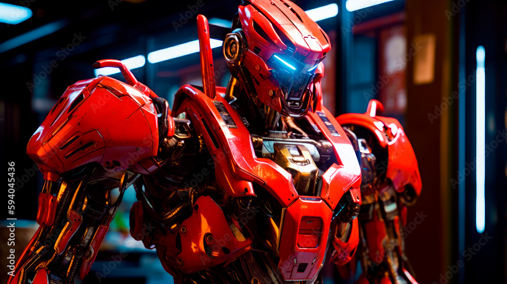 Poster close up of robot in suit with gun in his hand. generative ai.