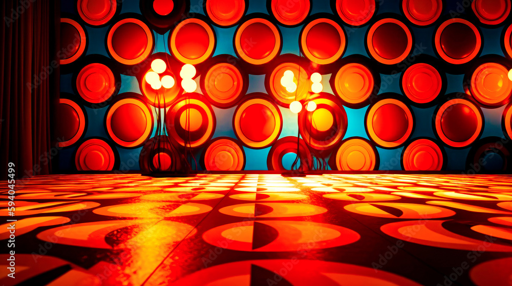 Poster room with lot of lights and checkered floor with circles on it. generative ai.