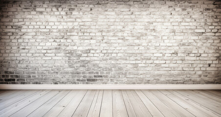 Old grunge white horizontal brick wall background in a room with wooden floor, Generative AI