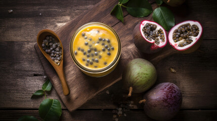 Obraz na płótnie Canvas Fresh Passion Fruit Smoothie on a Rustic Wooden Table