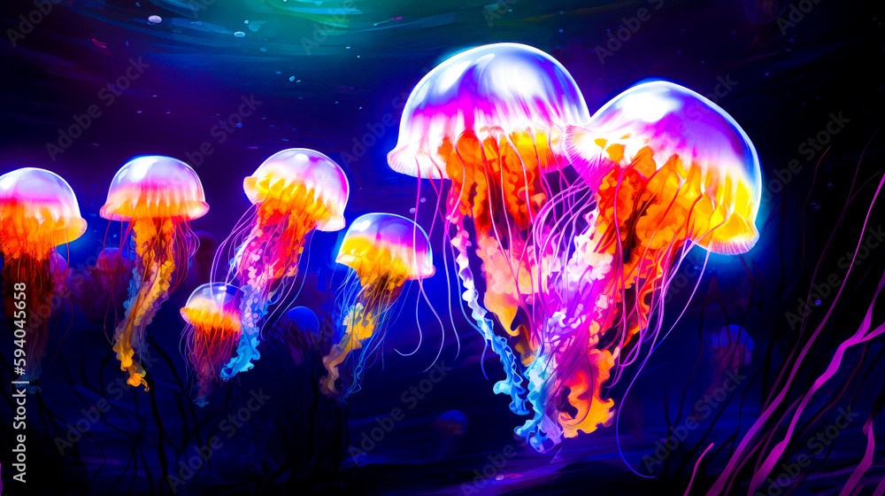 Poster group of jellyfish floating in the ocean at night with bright colors. generative ai.