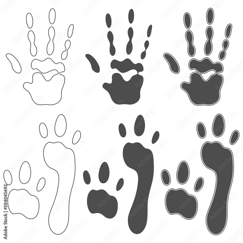 Poster set of black and white illustration with print of alien hand and feet. isolated vector objects on wh