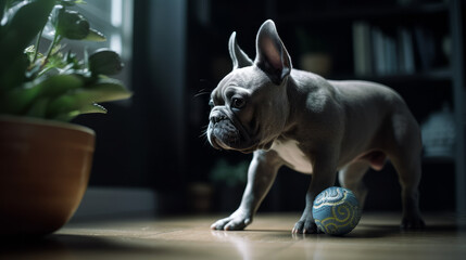 Gray French Bulldog with a blue ball indoors AI