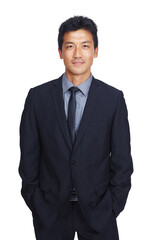 Portrait, Asian and business man standing isolated on a transparent png background. Professional, male and hands in pocket, pride and confident entrepreneur, executive or serious person from Japan.