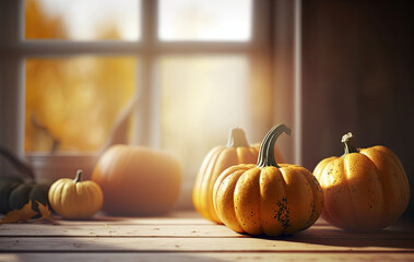 Ripe pumpkins on the table in a kitchen, Generative AI