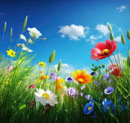 Fototapeta na wymiar Lawn with green grass and flowers, sunny day with blue sky, Generative AI