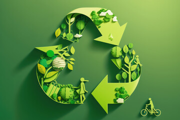 Recycle Symbol, many people doing activities, enjoy their life in a good atmosphere, save the planet and energy concept, paper illustration, and 3d paper. (ai generated)