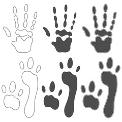 Set of black and white illustration with print of alien hand and feet. Isolated vector objects on white background.