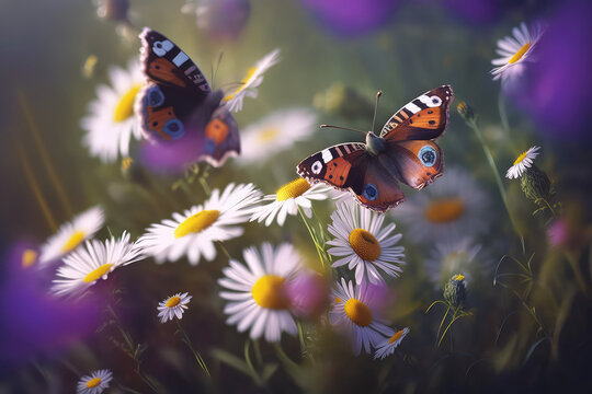 Beautiful wild flowers chamomile, purple wild peas, butterfly in morning haze in nature close-up macro. Landscape wide format. (ai generated)
