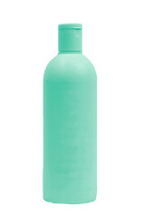shower gel in a blue bottle on a white background. hygiene product in a plastic turquoise bottle on a light texture. shampoo production concept