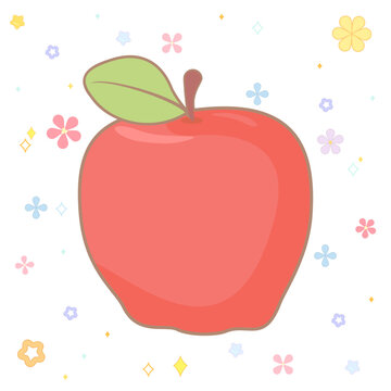 Sweet ripe red apple with a leaf in cartoon style on a background of cute kawaii stars and flowers, childish elements for design wrappers, wallpapers, cards