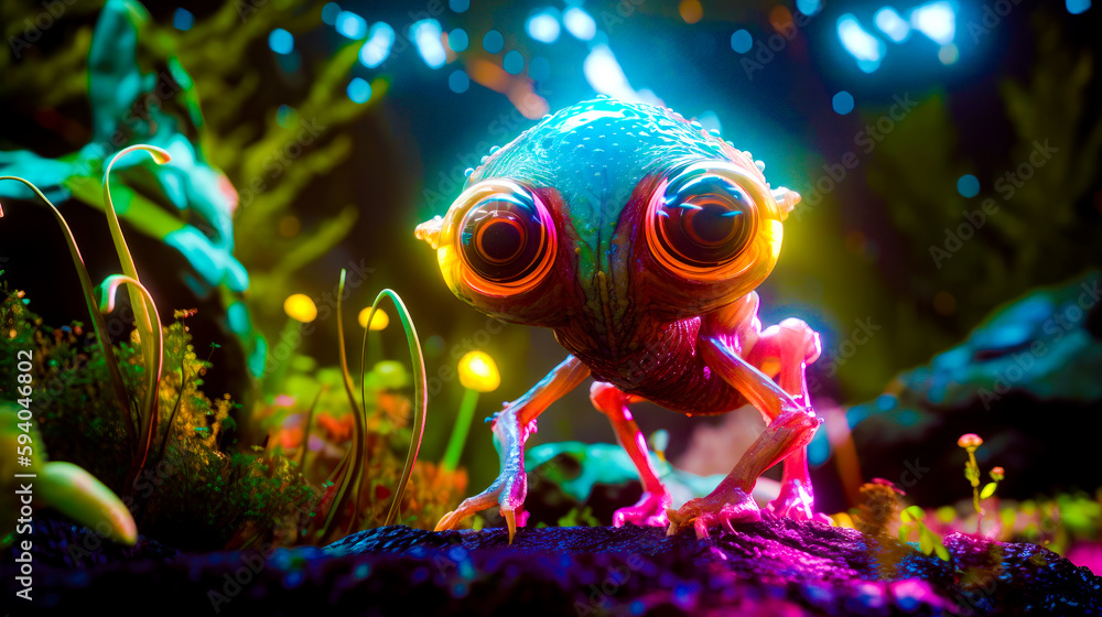 Poster brightly colored frog is standing on rock in the middle of field. generative ai.
