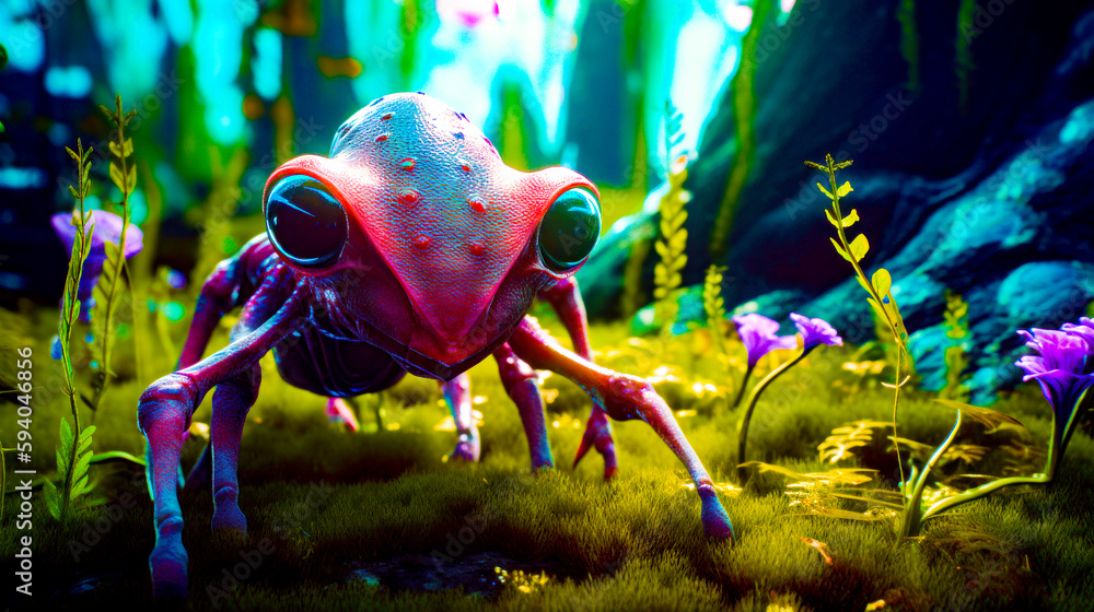 Poster close up of frog on the ground in field of grass. generative ai.