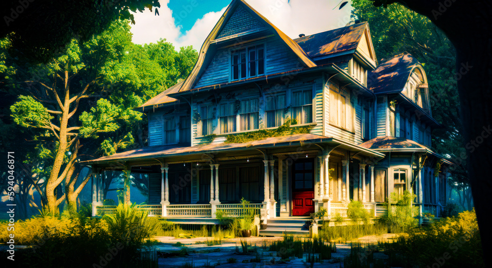 Poster large house with red door in the middle of some trees and bushes. generative ai.