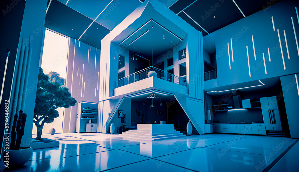 Aufkleber large blue building with stairs and tree in the middle of it. generative ai.