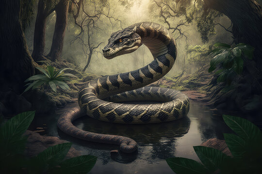 digital painting of anaconda in the forest in the dead landscape. (ai generated)