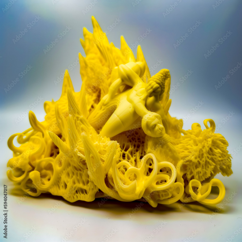 Poster close up of yellow object on white surface with blue background. generative ai.