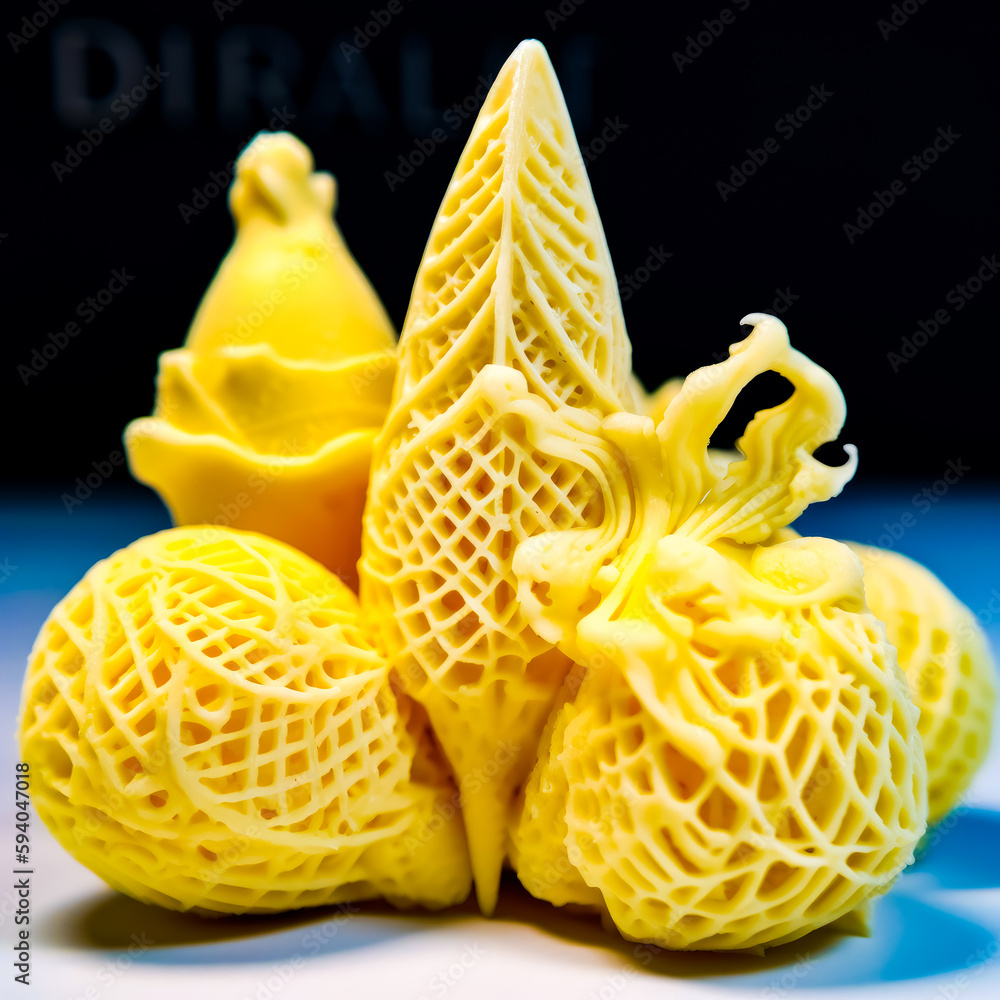 Poster close up of yellow object on blue surface with black background. generative ai.