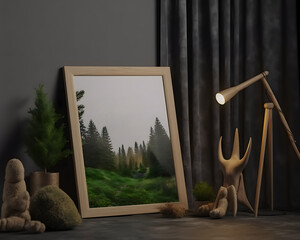 Desk Frame Mockup with Modern Art and Lamp