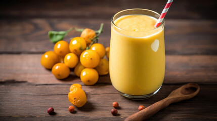 Fototapeta premium Fresh Peruvian Ground Cherry Smoothie on a Rustic Wooden Table