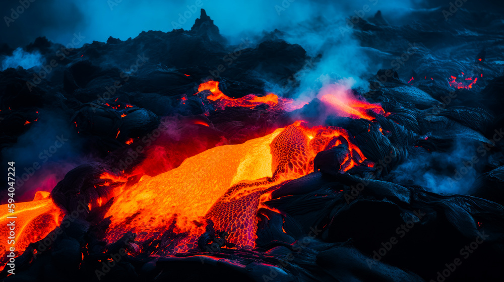 Aufkleber lava flow in the middle of mountain with blue and red smoke coming out of it. generative ai.